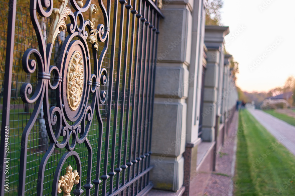 Decorative ornamental metal fence close up. Angle view.
