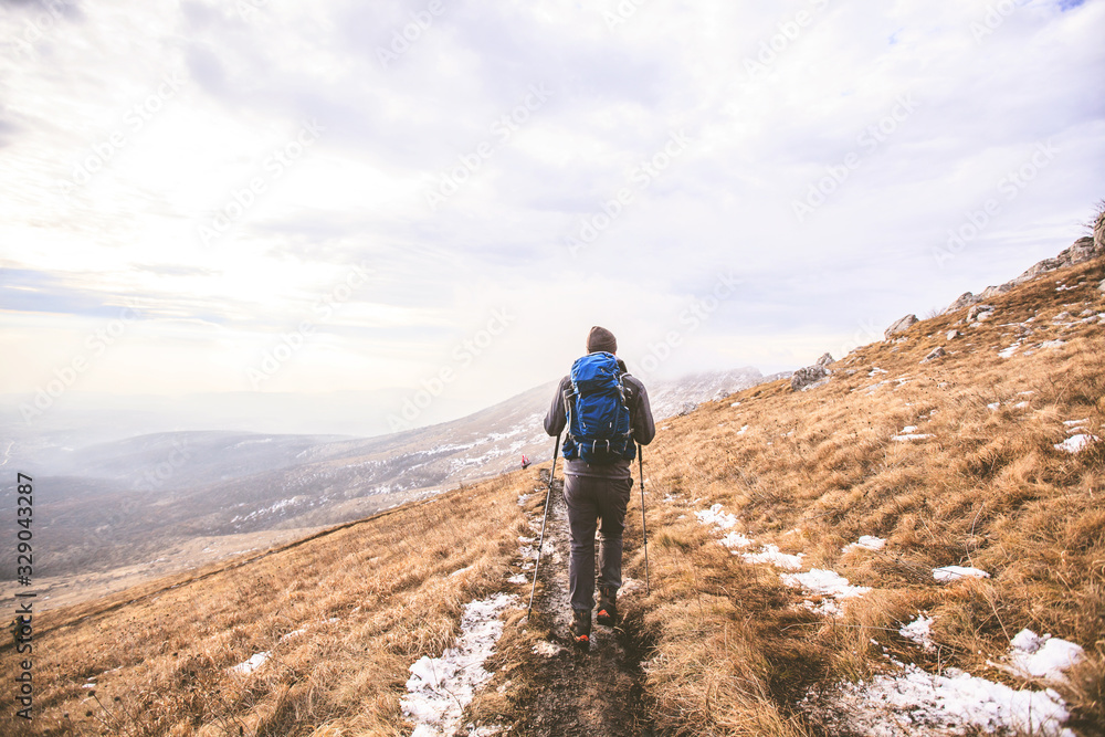 Man Hiker Walking Mountains Winter Landscape Adventure Lifestyle