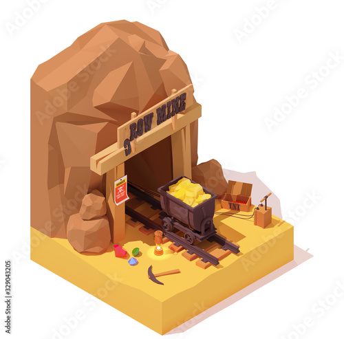 Vector isometric old gold mine entrance and rusty mine cart or mine trolley loaded with gold. Dynamite or TNT detonator, vintage lamp, mining equipment, precious gemstones. Cryptocurrency mining