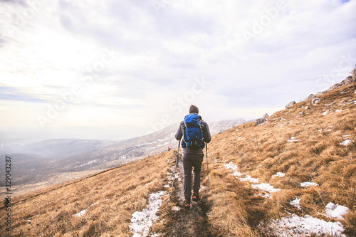 Man Hiker Walking Mountains Winter Landscape Adventure Lifestyle