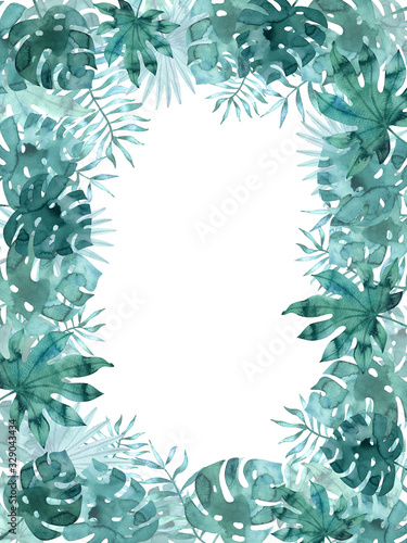 Vertical rectangular frame template with watercolor tropical leaves. Exotic hand painted illustration isolated on white.