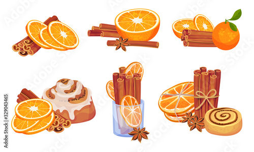 Cinnamon Sticks and Orange Fruit Compositions Vector Set