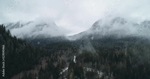 4K Aerial of Fresh Snow Mountain Valley in North Cascades National Park in Winter