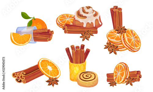 Cinnamon Sticks and Orange Fruit Compositions Vector Set