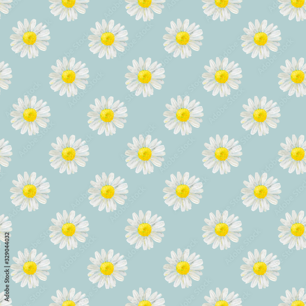 Watercolor hand drawn seamless pattern with wild meadow flower chamomile isolated on blue background. Good for textile, wrapping paper, background, summer design etc.