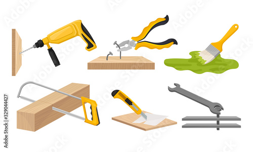 Equipment and Tools for Construction and Repair Works with Electric Drill and Pliers Vector Set