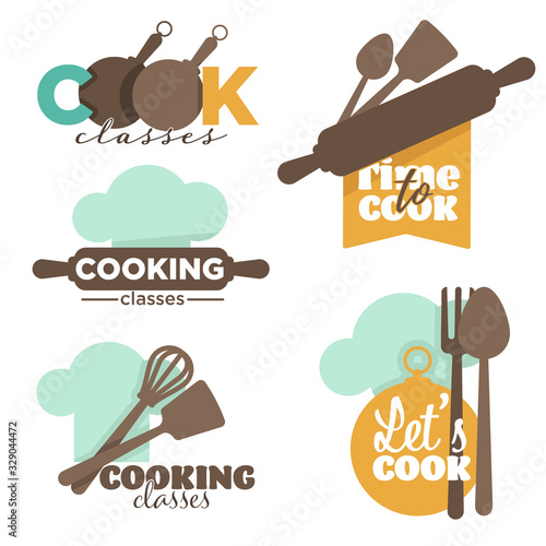 Cooking classes or school, kitchenware and cutlery isolated icons