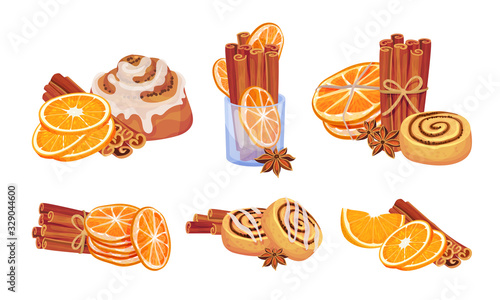 Cinnamon Sticks and Orange Fruit Compositions Vector Set
