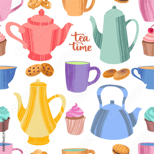 Kitchen seamless pattern of decorative colorful cups, mugs, teapots, cookies and cupcakes.