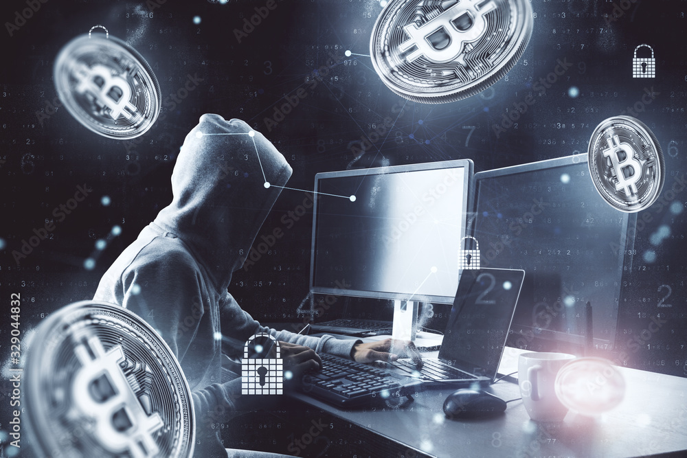 Naklejka premium Hacker working on computer with flying bitcoin