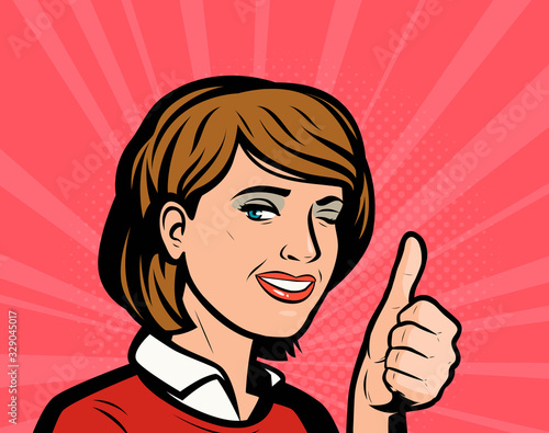 Beautiful girl shows thumb showing approval. Retro comic pop art vector
