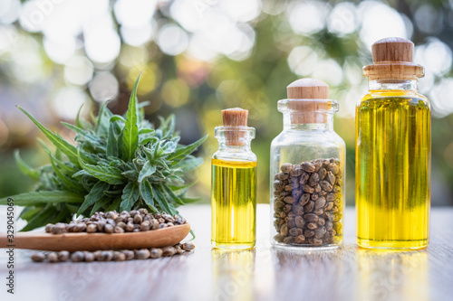 Fototapeta Naklejka Na Ścianę i Meble -  Hemp oil in a glass bottle. Hemp seeds in a wooden spoon and hemp leaves are placed on the table. The idea of extracting marijuana leaves as oil for natural diseases treatment.Natural herbal medicine.