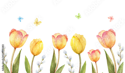 Watercolor vector banner with tulips and butterflies. #329045083