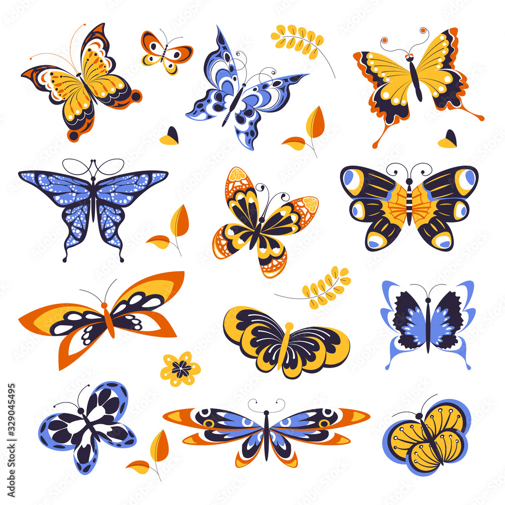 Butterflies isolated icons, animals or insects with ornament on wings Butterflies isolated icons, animals or insects with ornament on wings