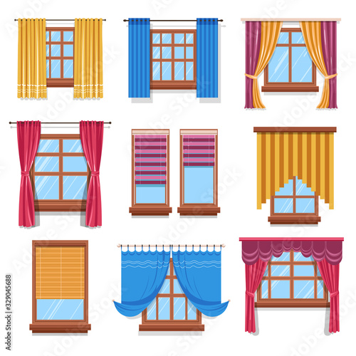 Curtains and blinders on windows isolated icons, fabric and wood