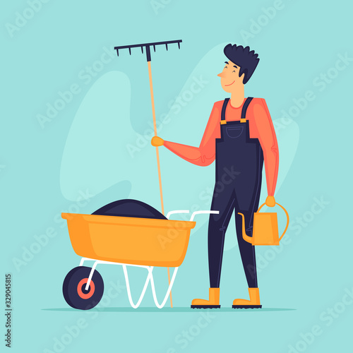 Agriculture, a man holds a rake and watering near a wheelbarrow. Flat design vector illustration.
