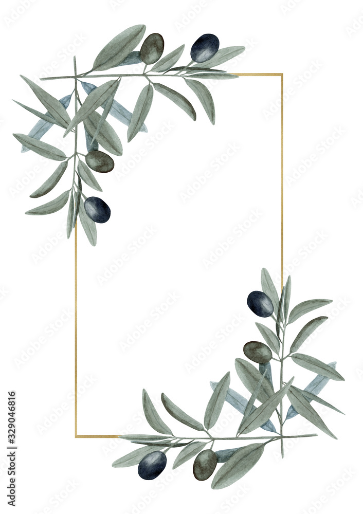 Watercolor hand drawn gold frame with olive branches with green and black fruit on trendy earthy hue isolated on white background. Template with copy space good for summer design.