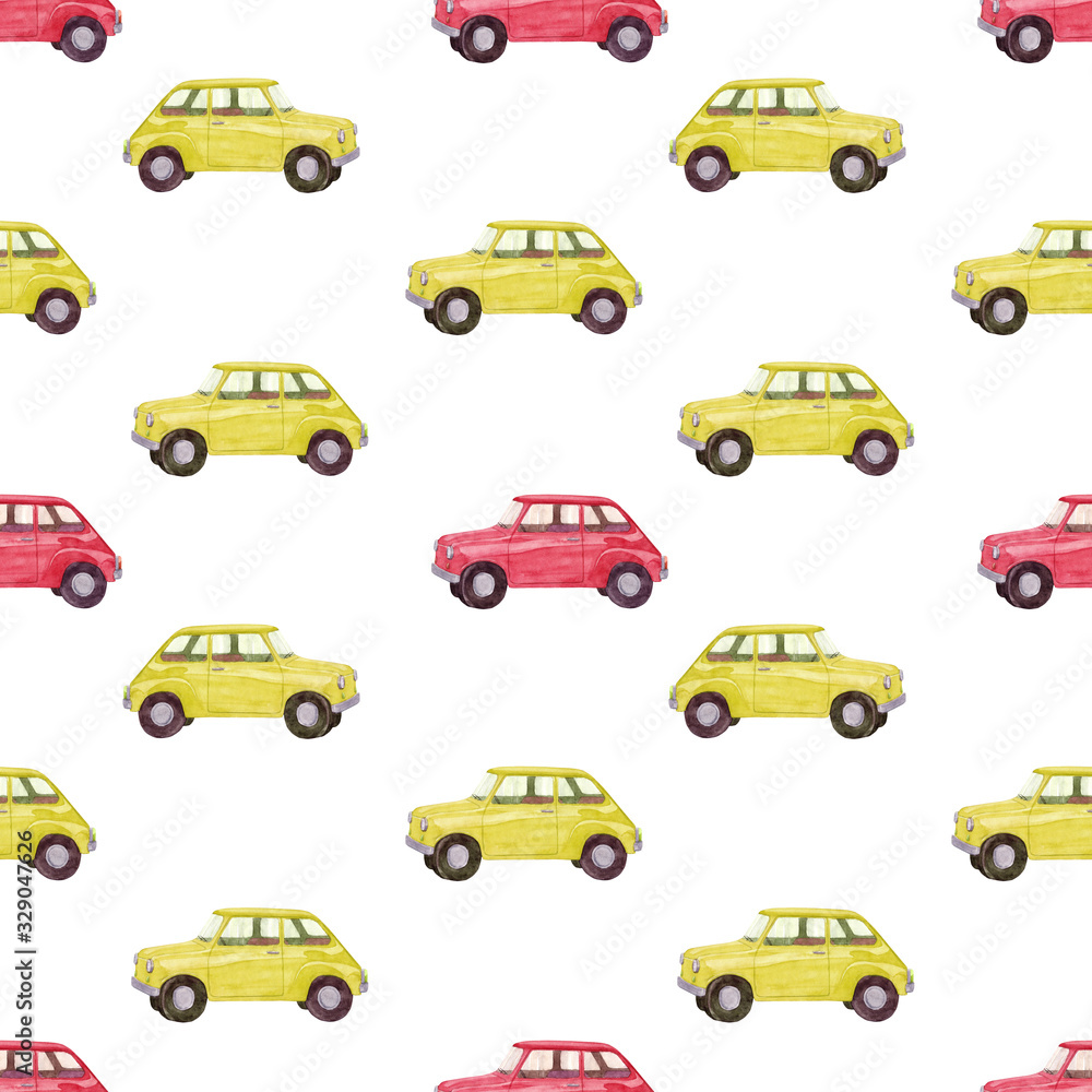 Watercolor hand drawn seamless pattern with retro yellow and red car isolated on white background. Good for fabric, wallpaper, wrapping paper, design etc.