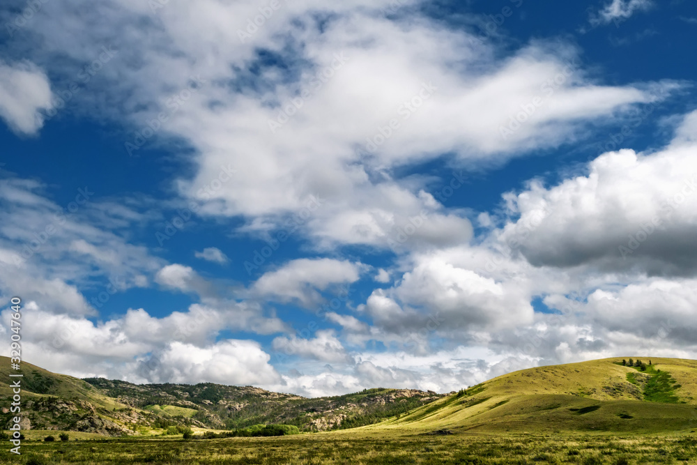 The traditional landscape of Central Asia. Steppe, coniferous forest hills, beautiful clouds, sunny day outdoors