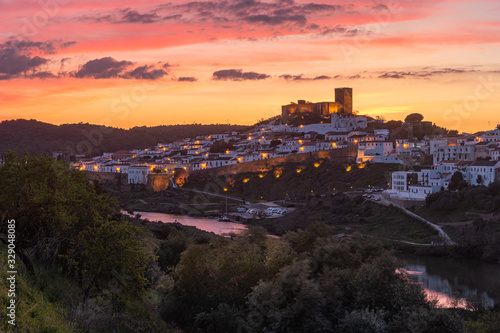 Sunset in Mertola, village of Portugal and its castle. Village in the south of Portugal in the region of Alentejo.