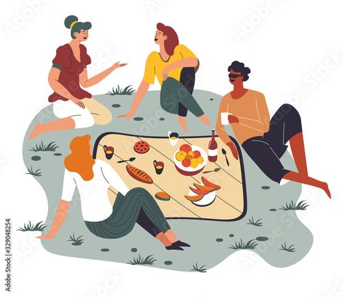 Company of friends on picnic spending weekends together