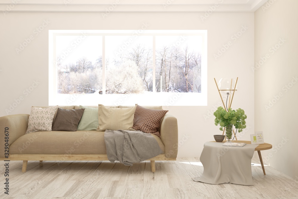 custom made wallpaper toronto digitalModern living room in white color with sofa and winter landscape in window. Scandinavian interior design. 3D illustration