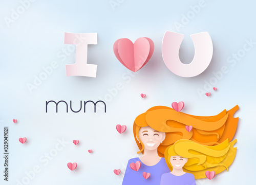 Postcard with paper flying elements, mum and daughter on blue background. Vector symbols of love in shape of heart for Happy Mother's Day greeting card design..