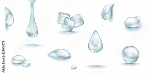 Water rain drop set isolated on white background. Realistic collagen droplet collection. Vector blue clear bubbles, aqua elements or dew template..