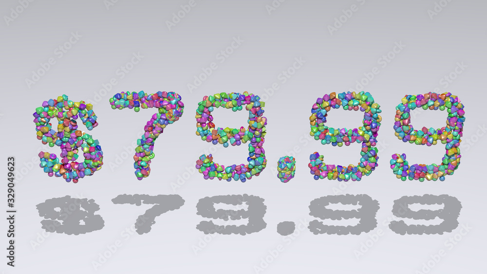 $79.99 written in 3D illustration by colorful small objects casting shadow on a white background $79.99 written in 3D illustration by colorful small objects casting shadow on a white background
