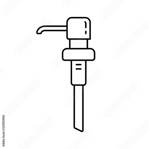 Hand wash dispenser pump with long nose. Linear icon of separate plastic tube for bottles with liquid, soap, gel, water. Black simple illustration. Contour isolated vector image on white background