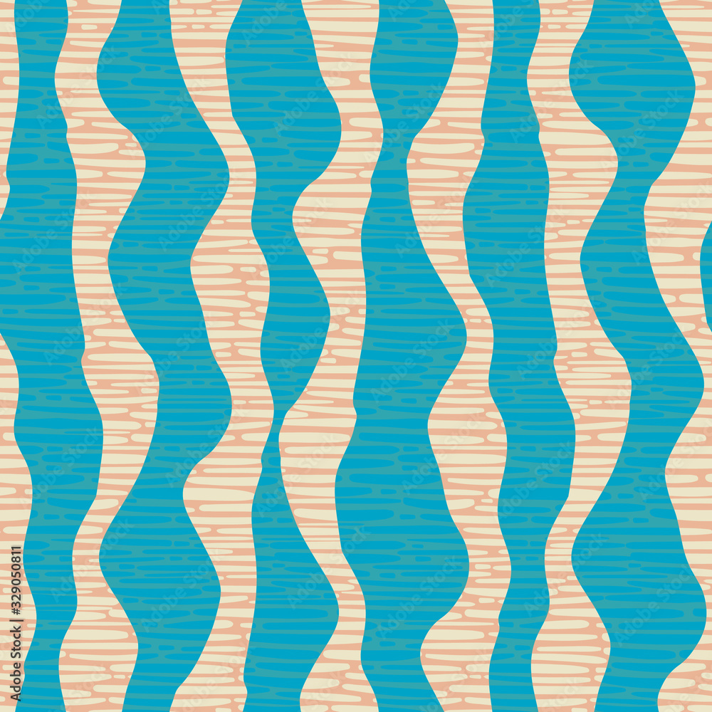 Wavy line seamless vector pattern background. Vertical linear geometric blue stripe backdrop with overlay wicker texture. Minimal irregular abstract textile illustration. Modernist all over print