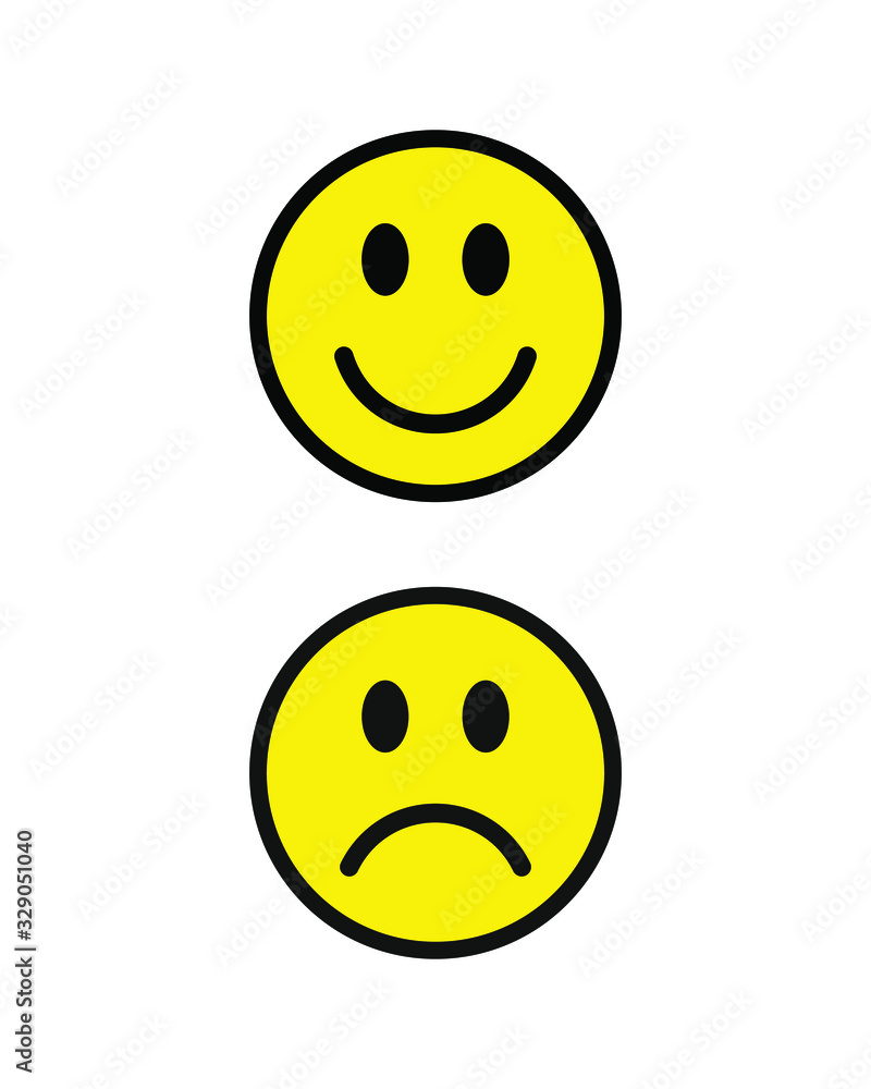 Happy smile and sad unhappy face emoji icon. Positive and negative feeling  symbol. Like and unlike yellow sign. Smiley emoticon logo. Vector  illustration image. Isolated on white background. Stock Vector | Adobe