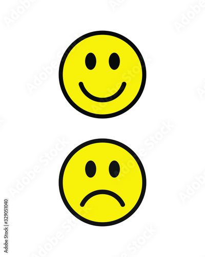 Happy smile and sad unhappy face emoji icon. Positive and negative feeling symbol. Like and unlike yellow sign. Smiley emoticon logo. Vector illustration image. Isolated on white background.