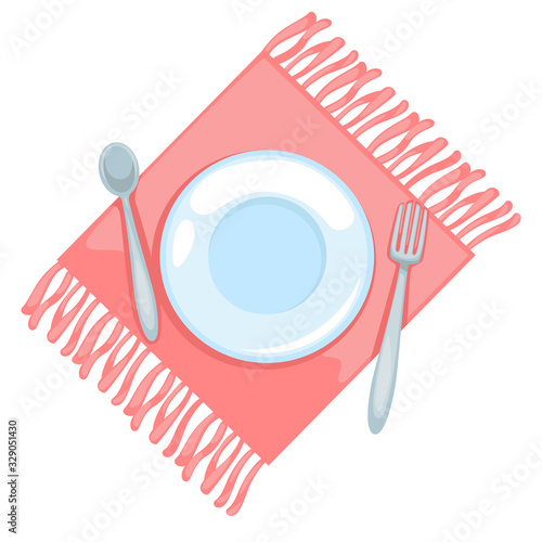 Table napkin and plate with spoon and fork isolated icon