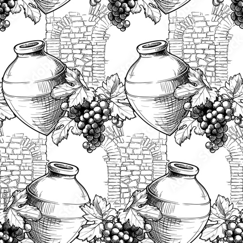 Seamless pattern. Georgian traditional vineyard with kvevri, grapevine and stone wall texture. Black and white sketch isolated on white background. EPS10 vector illustration