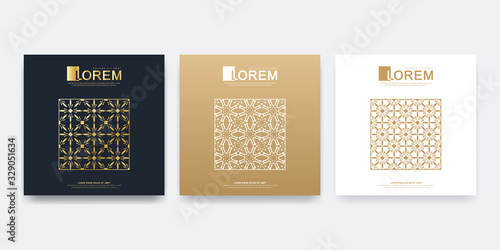 Modern vector template for brochure, Leaflet, flyer, advert, cover, magazine or annual report. Islamic design book layout. Abstract golden presentation Arab Emirates Dubai cover templates.