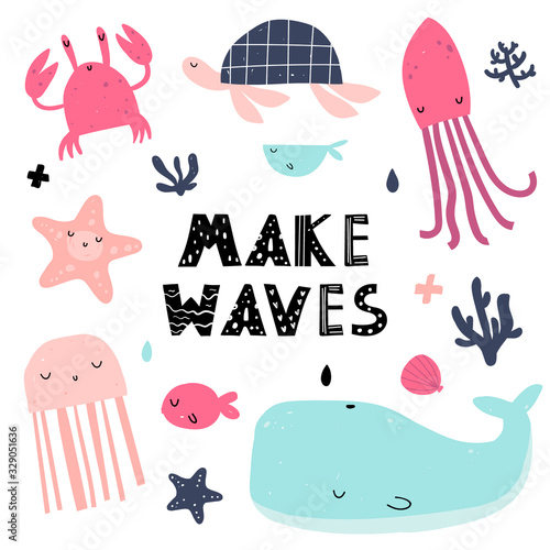 Vector hand-drawn colored children’s set with cute Scandinavian-style water inhabitants on a white background. Cute baby animals. Whale, crab, turtle, octopus, jellyfish. Underwater life.