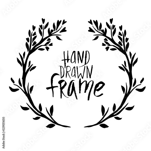 Vector frame of flowers. Black traced hand-drawn drawing of a flowering plant in the shape of a circle forming a wreath with place for text inside.