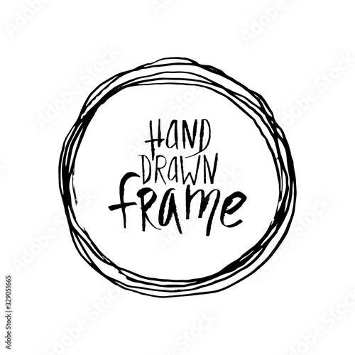 Vector Hand-drawn black round frame in grunge style. Vector round frame with intermittent hatching.