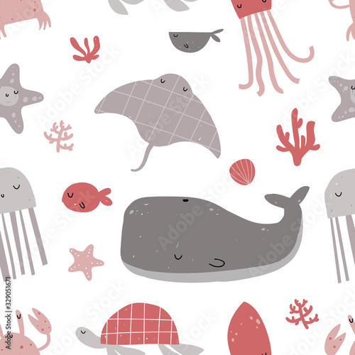 Vector hand-drawn color children's seamless repeating pattern with sea inhabitants in the Scandinavian style on a white background. Marine pattern. Ocean pattern. Cute baby animals. Whale, jellyfish.