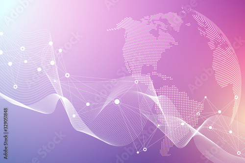 Geometric abstract background with connected line and dots. Network and connection background for your presentation. Graphic polygonal background. Wave flow. Scientific vector illustration.