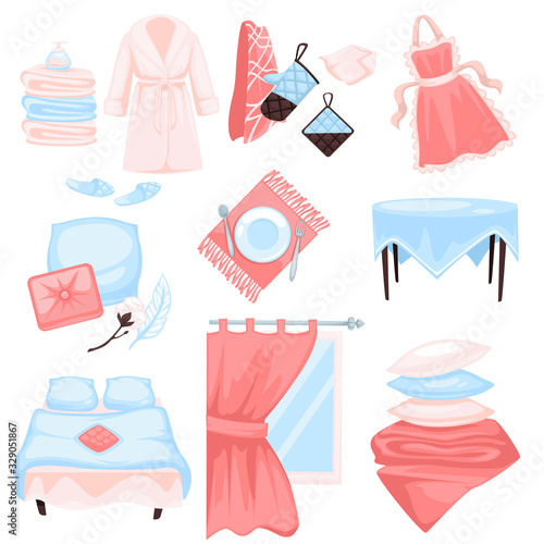 Home textile, cotton fabric house items, isolated icons
