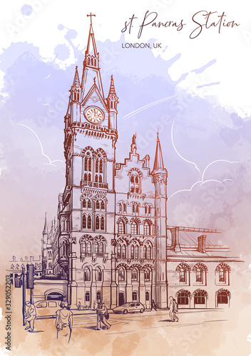 St. Pancras railway station, London, UK. Engraving style sketch. Vintage design. Linear sketch on a watercolor textured background. EPS10 vector illustration