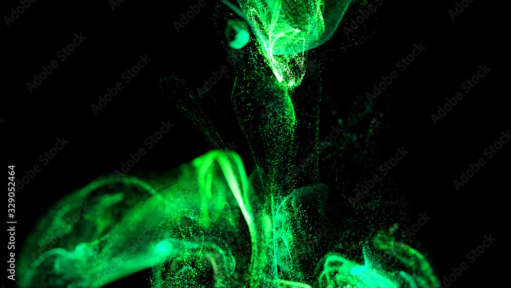 injection of fluorescent ink in water isolated on black background. 3d render of glow particles as fantastic background of shiny ink effect advection with depth of field.