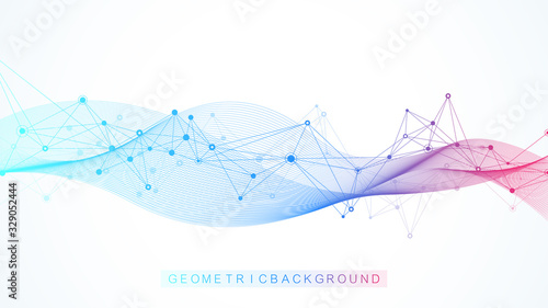 Geometric abstract background with connected lines and dots. Wave flow. Molecule and communication background. Graphic background for your design. Vector illustration