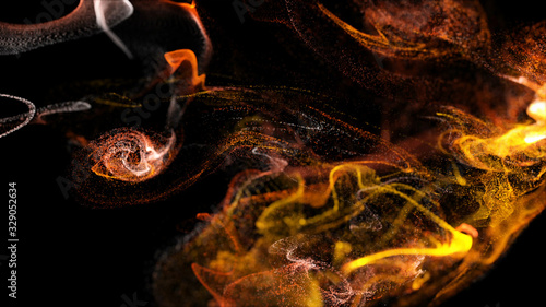 injection of fiery fluorescent ink in water isolated on black background. 3d render of glow particles as fantastic background of shiny ink effect advection with depth of field.