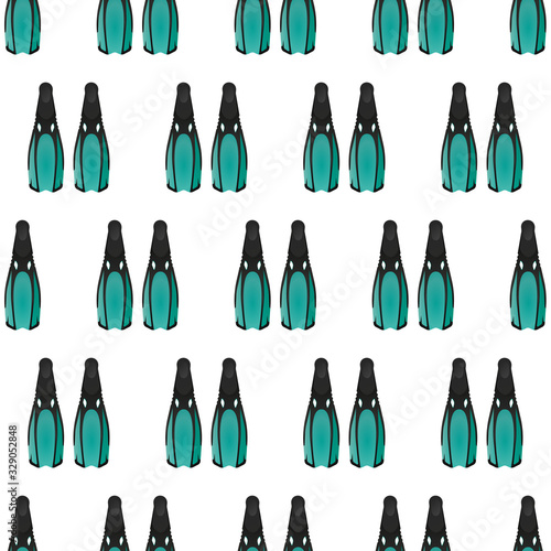 Seamless pattern. Green flippers. Diving flippers isolated on a white background. Endless background on the theme of diving, tourism and recreation at sea.
