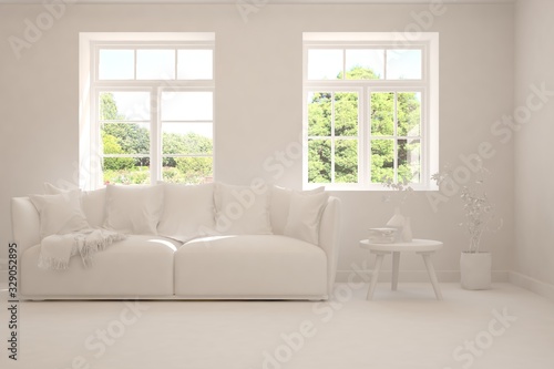 Mock up of stylish room in white color with sofa and green landscape in window. Scandinavian interior design. 3D illustration