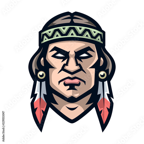 Professional logo american indian, sport mascot, icon angry warrior. Vector illustration, isolated on white background. Simple shape for design emblem, symbol, sign, badge, label, stamp.