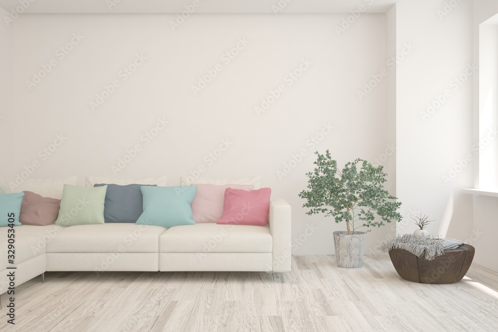 Modern living room in white color with sofa. Scandinavian interior design. 3D illustration Modern living room in white color with sofa. Scandinavian interior design. 3D illustration